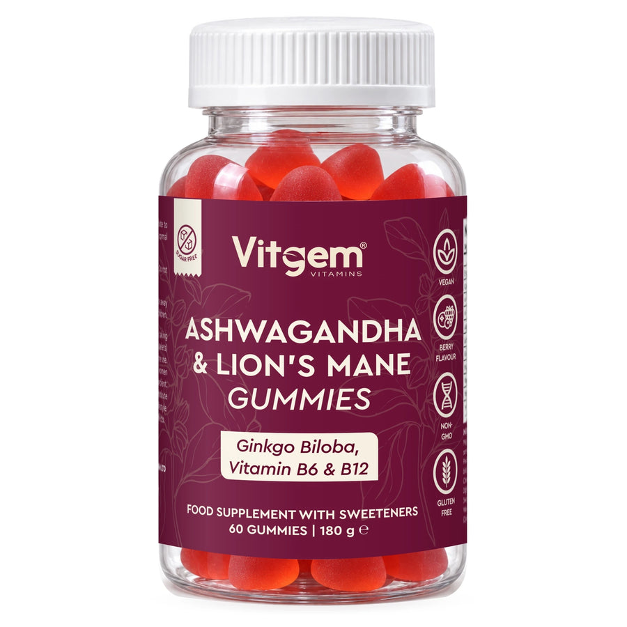 Bottle of 60 berry-flavoured Ashwagandha and Lion’s Mane gummies
