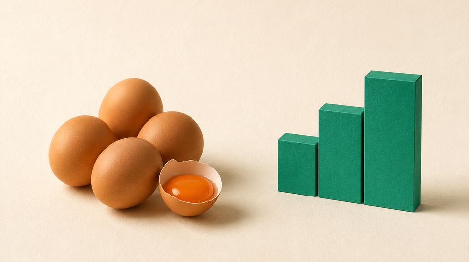 Four brown eggs with a half-shell of yolk beside a green paper stepped bar chart on cream paper