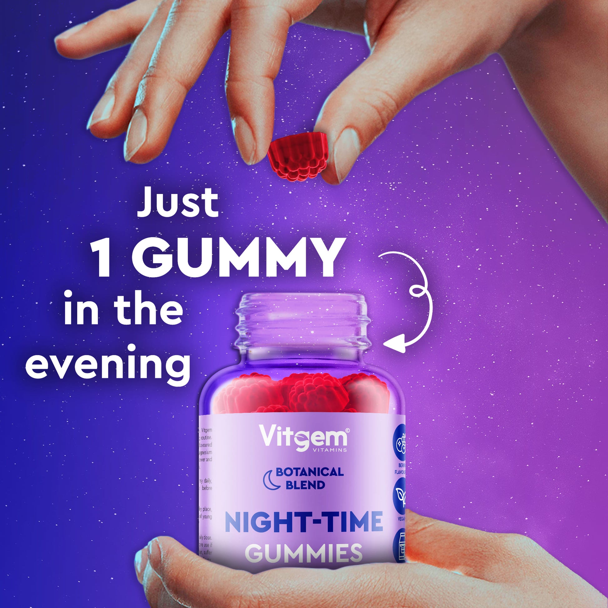 Night-time gummies close up - natural botanical sleep support
