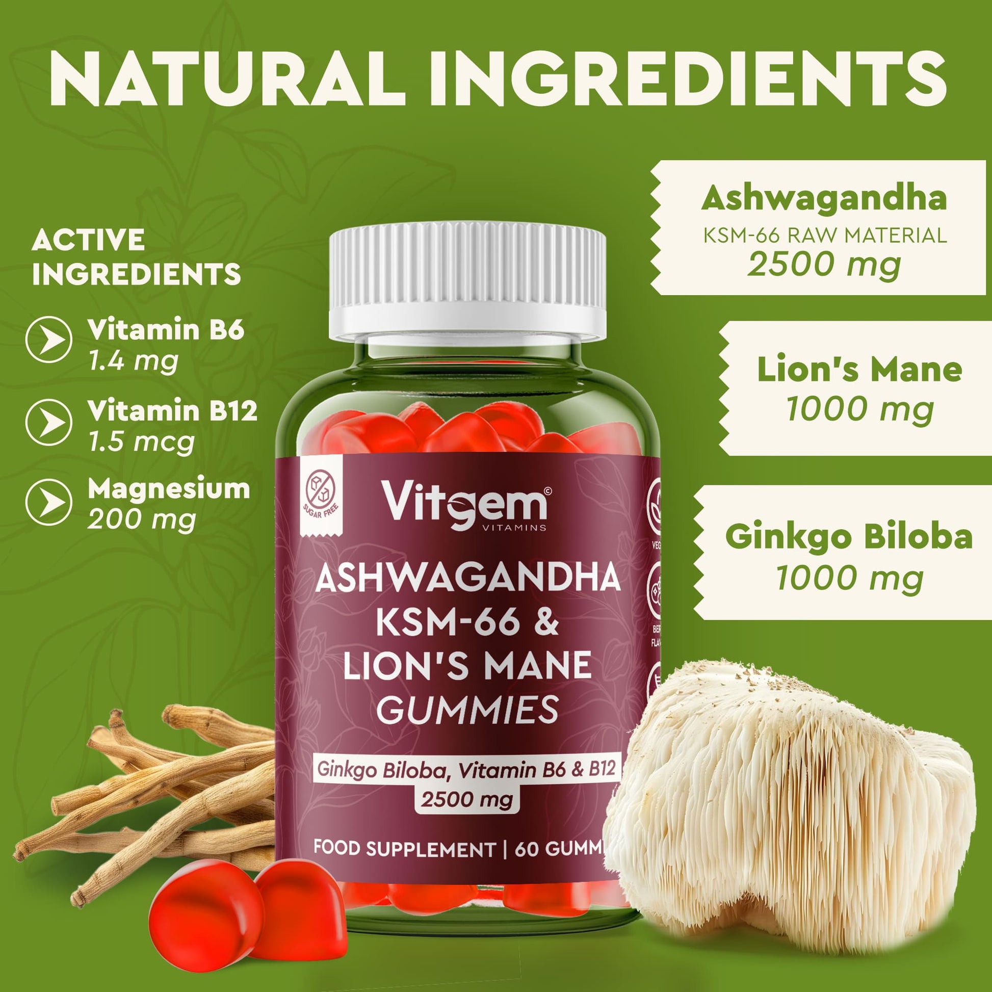 Ashwagandha KSM-66 lions mane gummies - 60 count bottle