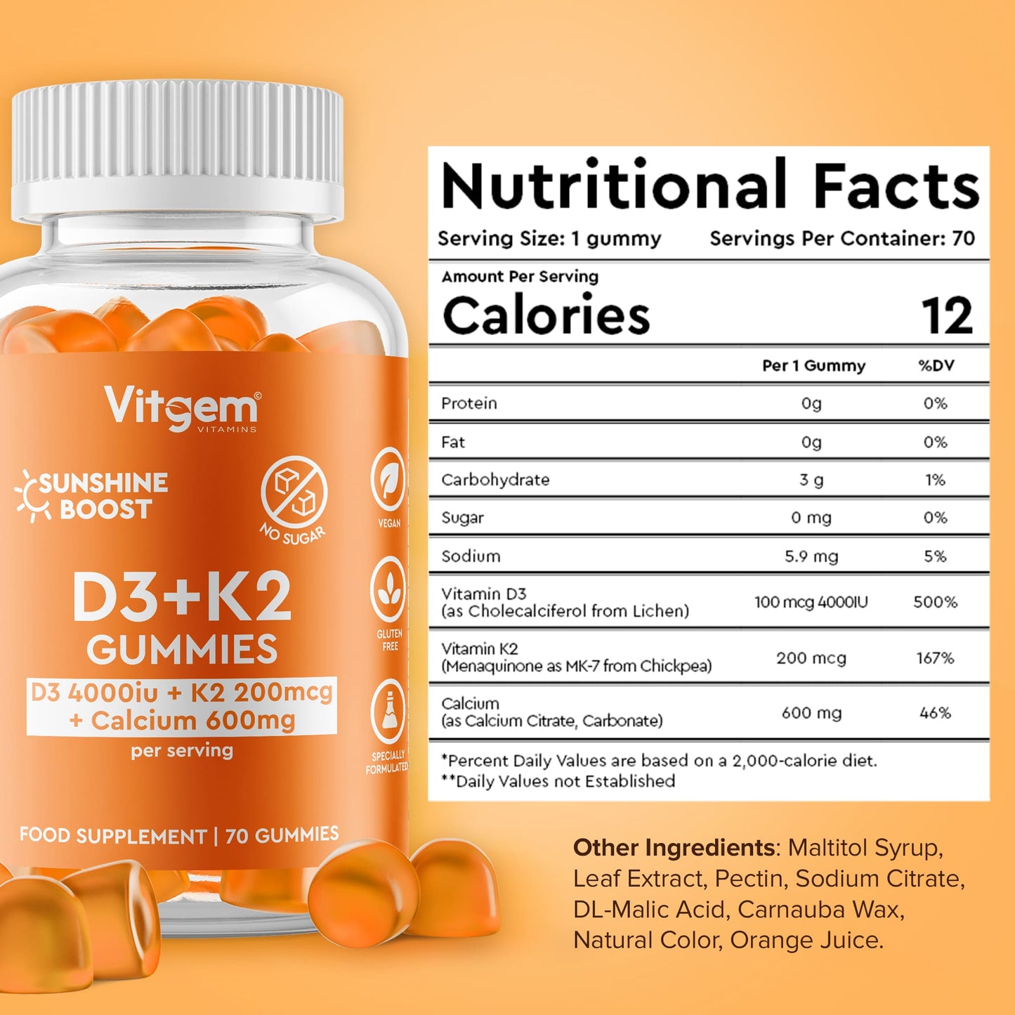 Vitamin D3 K2 calcium gummies - 70 count 2-month supply