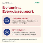 Folate contributes to the reduction of tiredness and fatigue; vitamin B12 to normal functioning of the nervous system