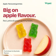 Keto ACV apple cider vinegar gummies: red, yellow and green apple-flavoured bears with a slice of apple