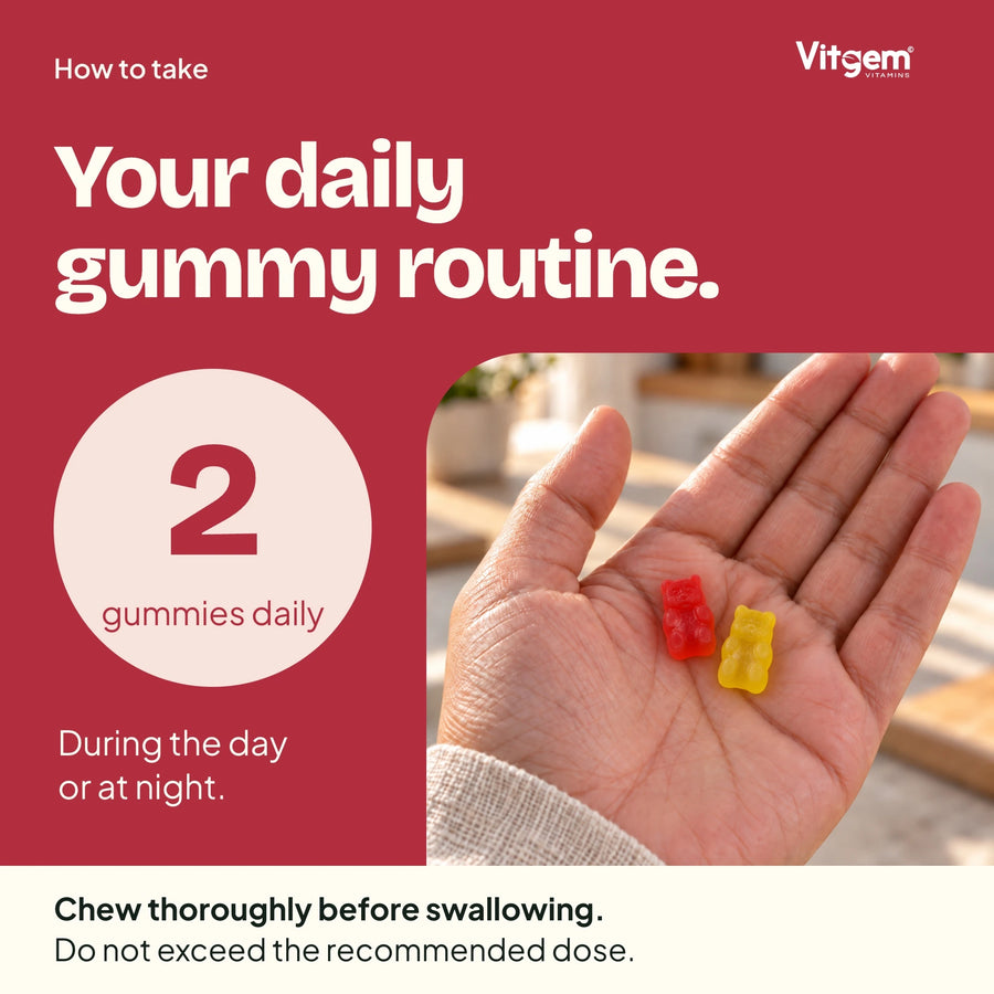 Adults: two gummies daily, chewed thoroughly, during the day or at night