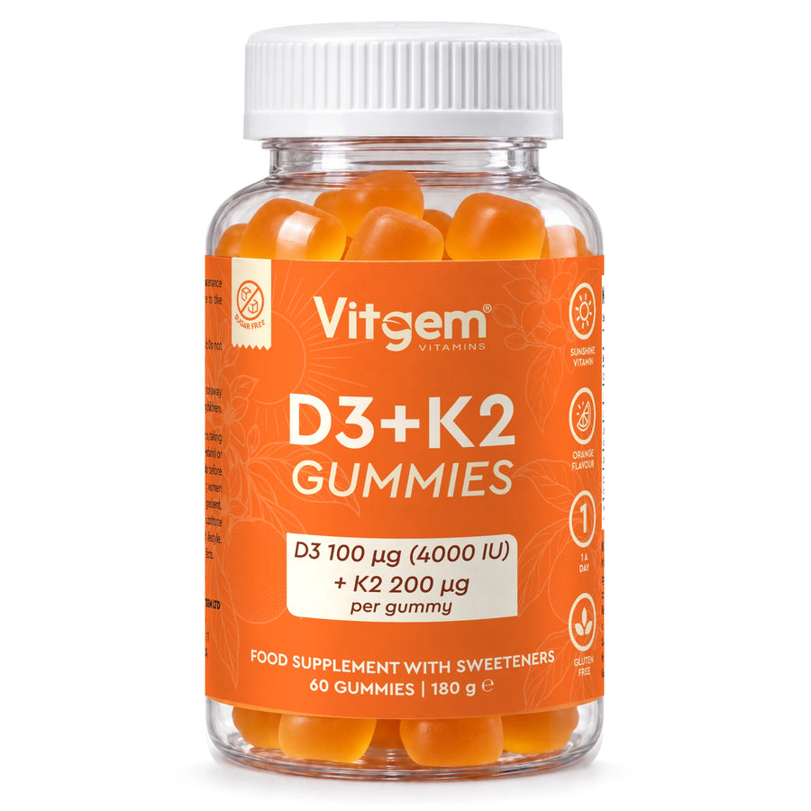 Bottle of 60 orange-flavoured vitamin D3 and K2 gummies