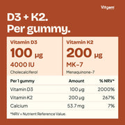 Amounts per gummy: vitamin D3 100 µg (4000 IU), vitamin K2 MK-7 200 µg, calcium 53.7 mg