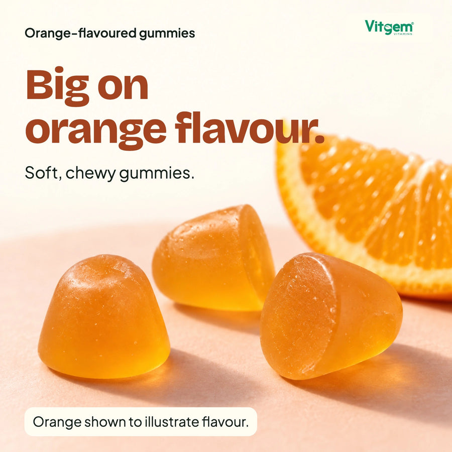 Orange-flavoured vitamin D3 K2 gummies and gummy texture