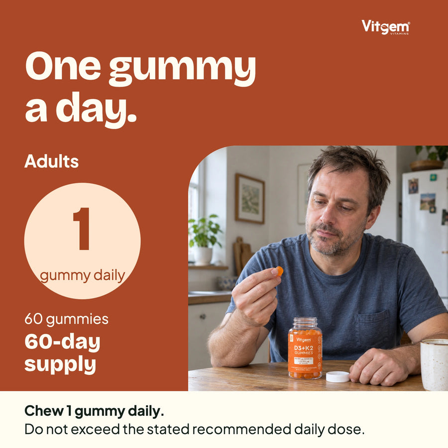 Adults: one gummy daily; 60 gummies, 60-day supply