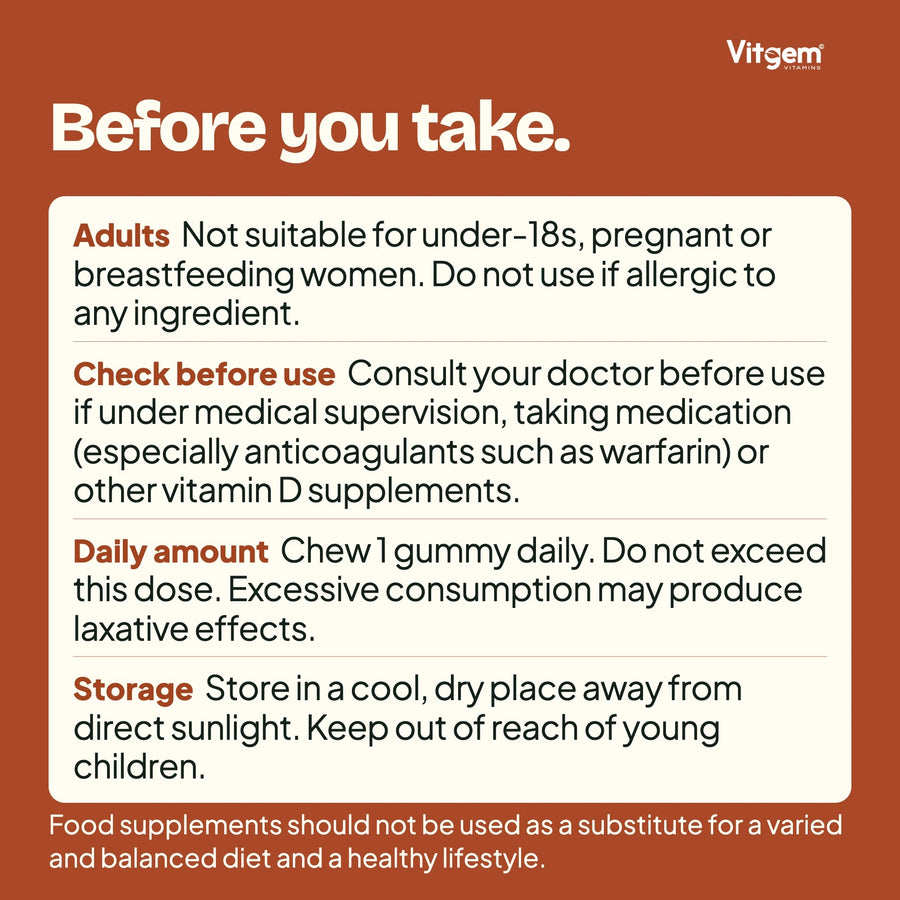 Vitamin D3 and K2 gummies warnings, directions and storage information