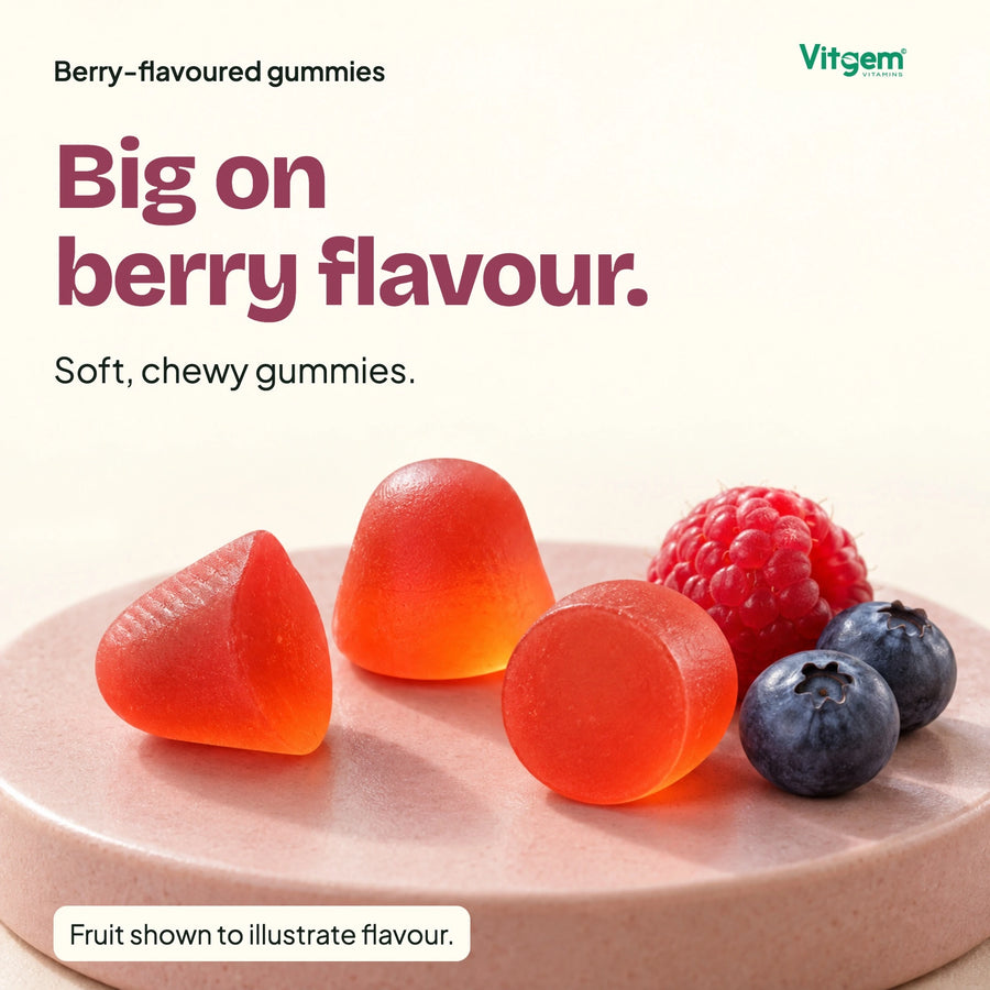 Berry-flavoured Ashwagandha and Lion’s Mane gummies with raspberries and blueberries