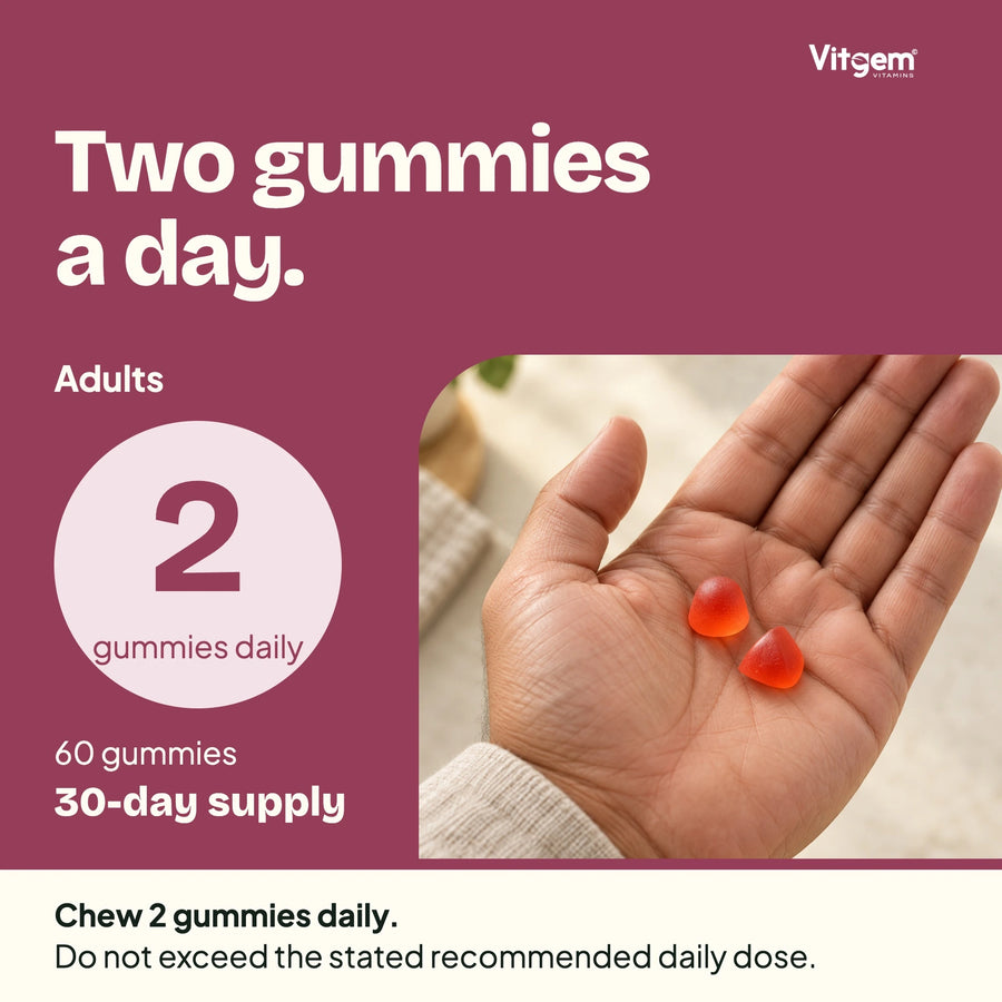 Adults: two gummies daily; 60 gummies, 30-day supply