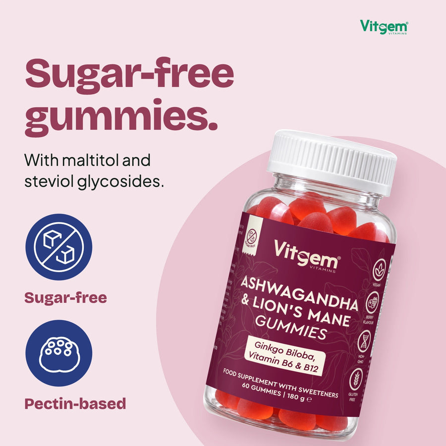 Sugar-free ashwagandha and Lion’s Mane gummies, pectin-based, sweetened with maltitol and steviol glycosides
