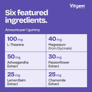 Six featured ingredients with amounts per gummy