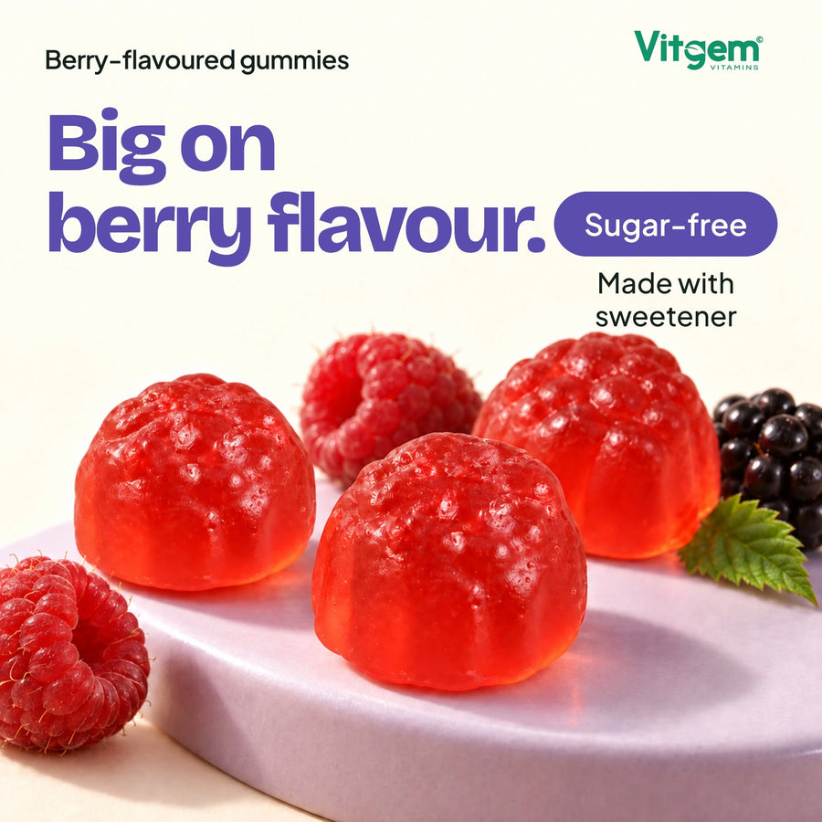 Melatonin-free night-time gummies, berry-flavoured, with a berry flavour illustration