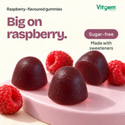 Raspberry-flavoured Menopause gummies, sugar-free with sweeteners
