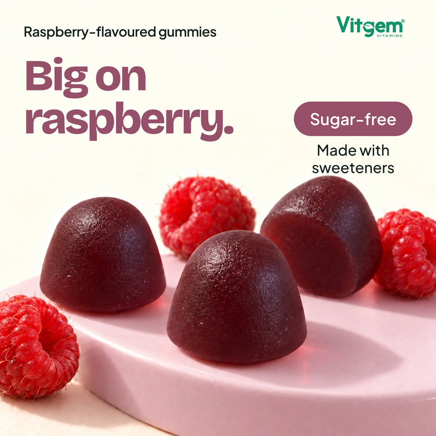 Raspberry-flavoured Menopause gummies, sugar-free with sweeteners