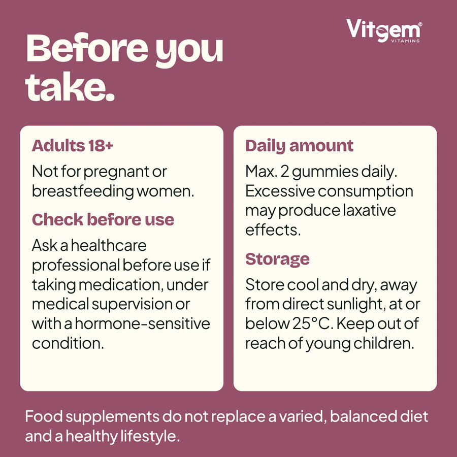 Menopause gummies warnings, directions and storage information