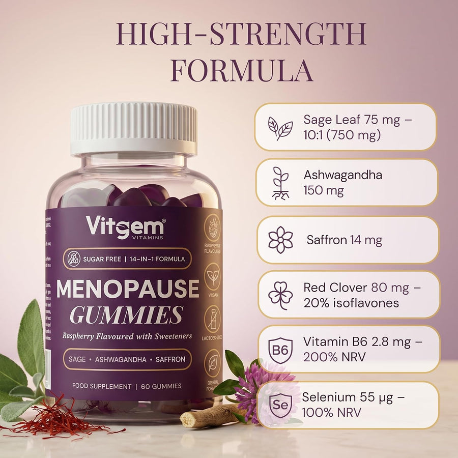 Menopause gummies ingredients UK — Ashwagandha 150mg, Saffron 14mg, Red Clover 80mg, Vitamin B6 200% NRV