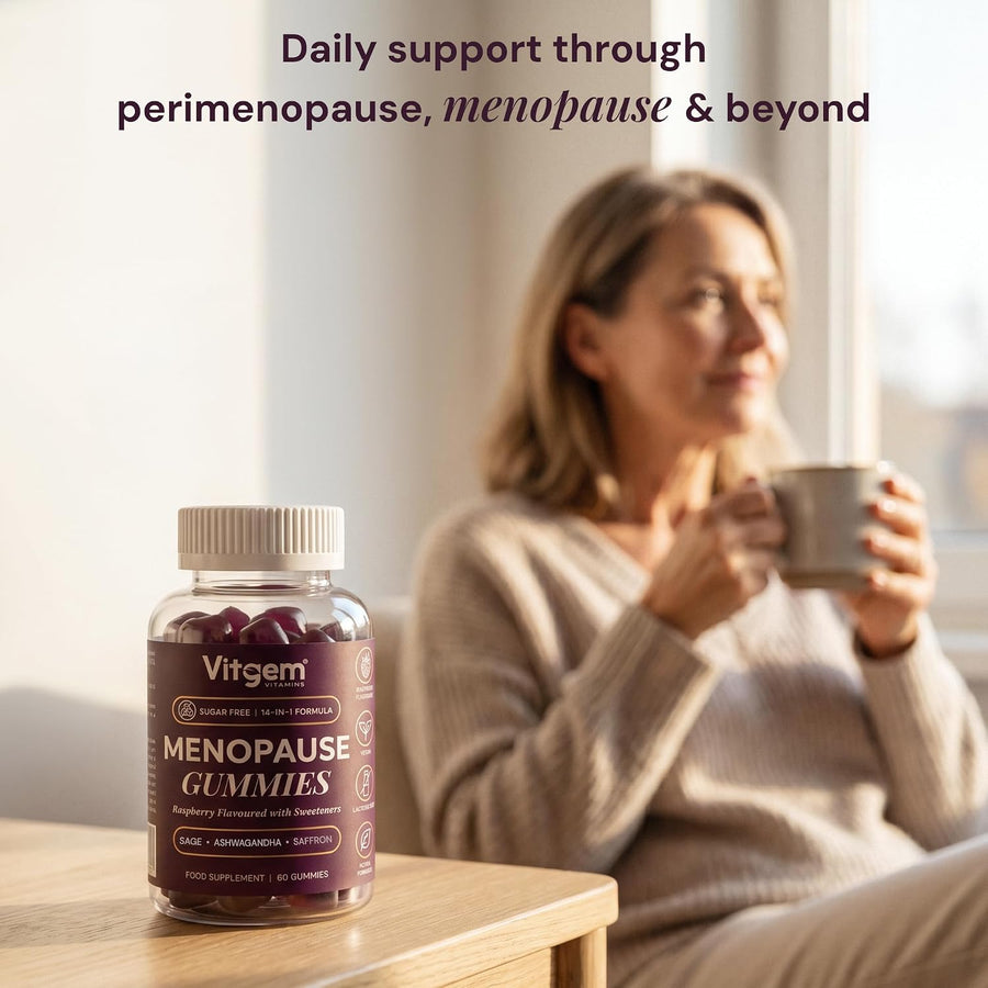 Woman taking Vitgem menopause gummies at home — daily wellness routine for midlife UK