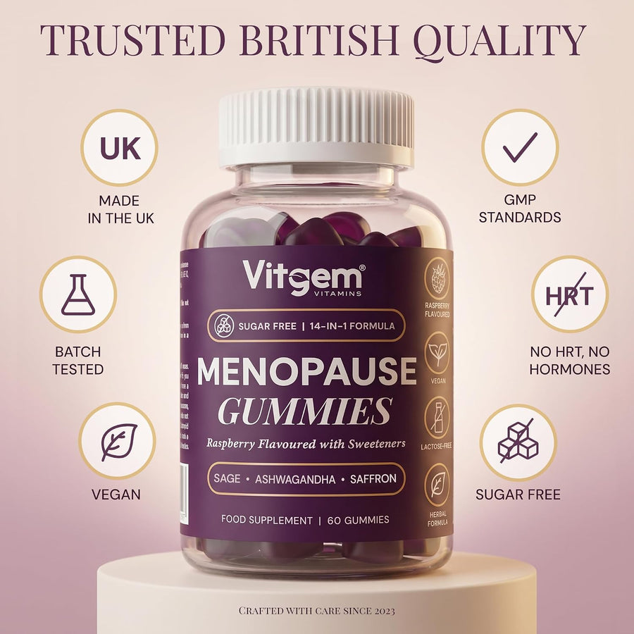 Vitgem menopause gummies — made in the UK, GMP standards, vegan, sugar-free, no HRT or hormones