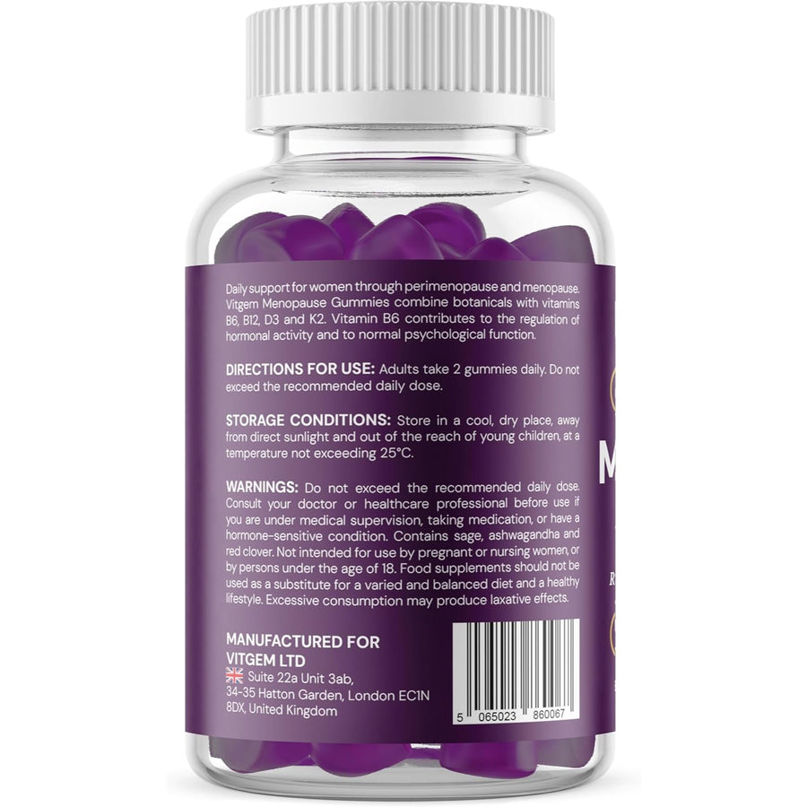 Menopause gummies UK label — directions for use, storage, warnings and manufacturer details