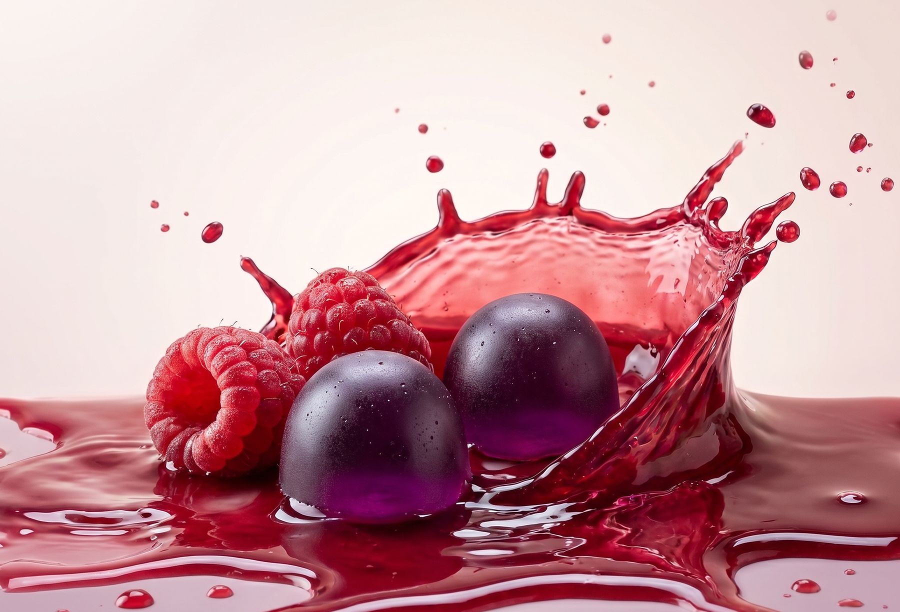 Vitgem raspberry gummies splashing into juice