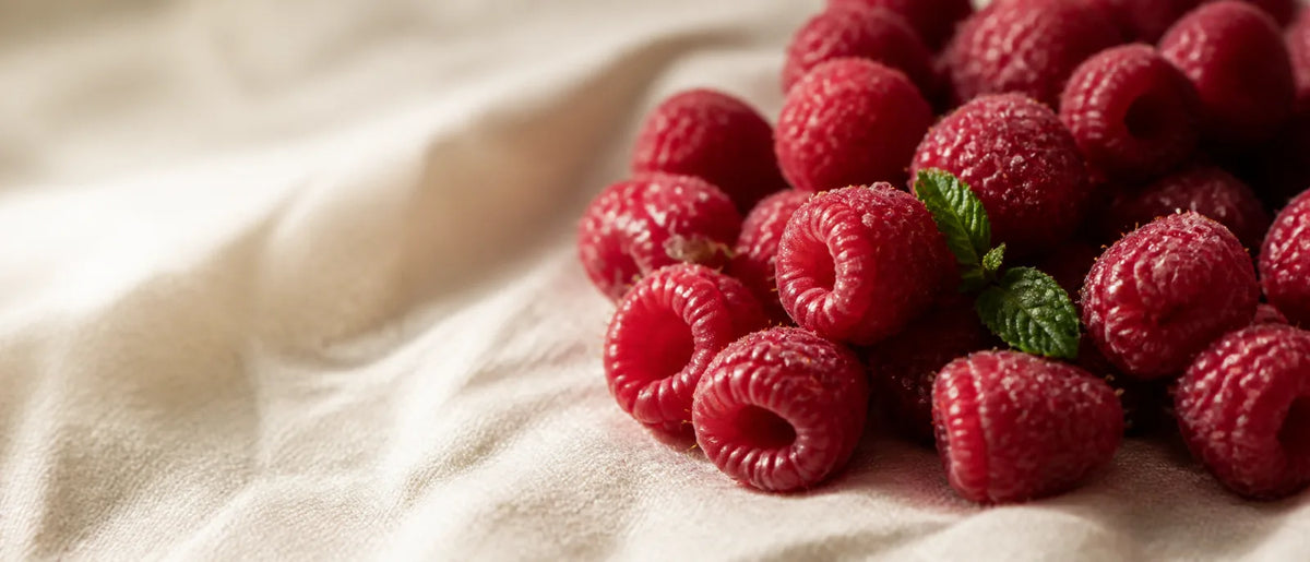 Fresh raspberries on linen